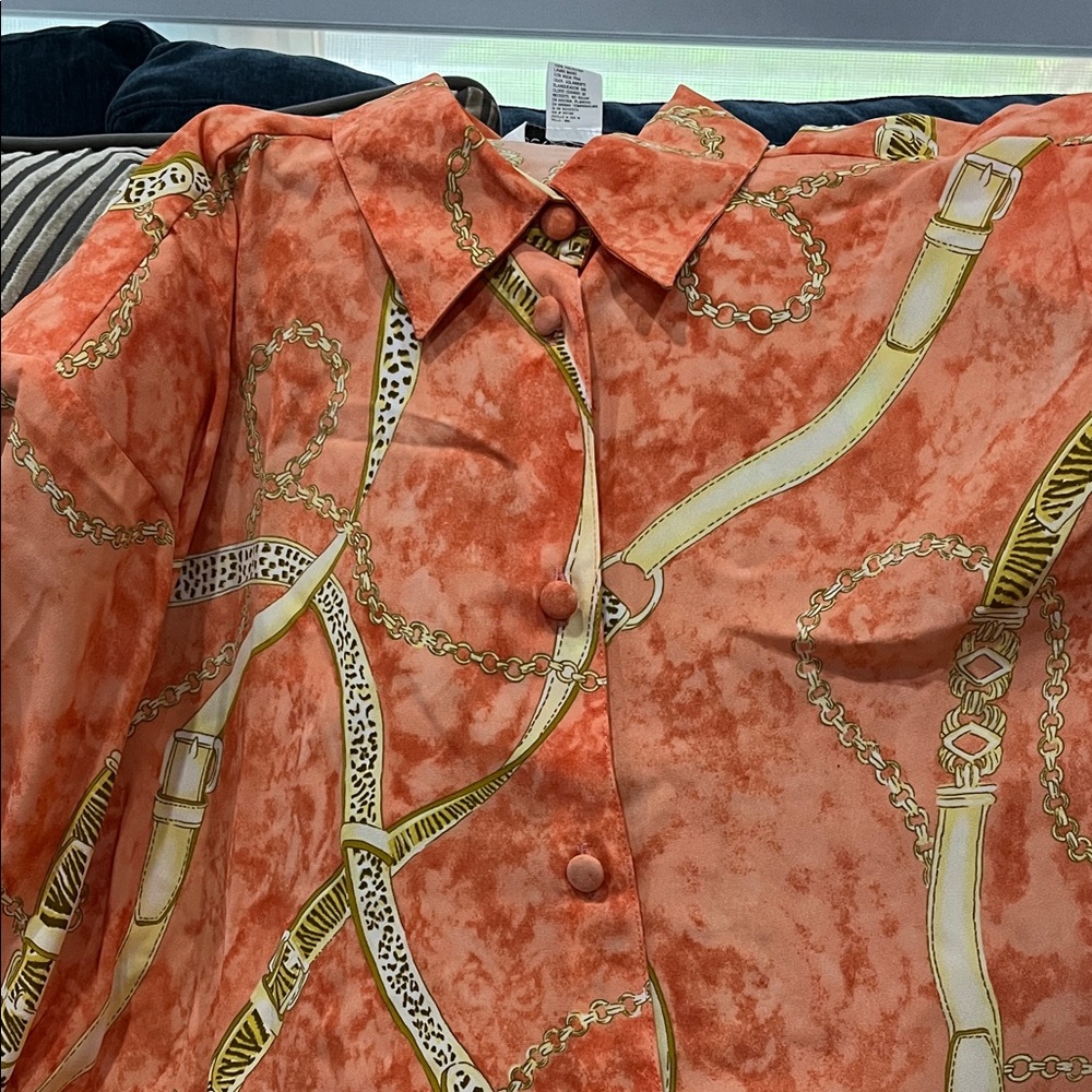Orange Chain Print Button-Up Shirt